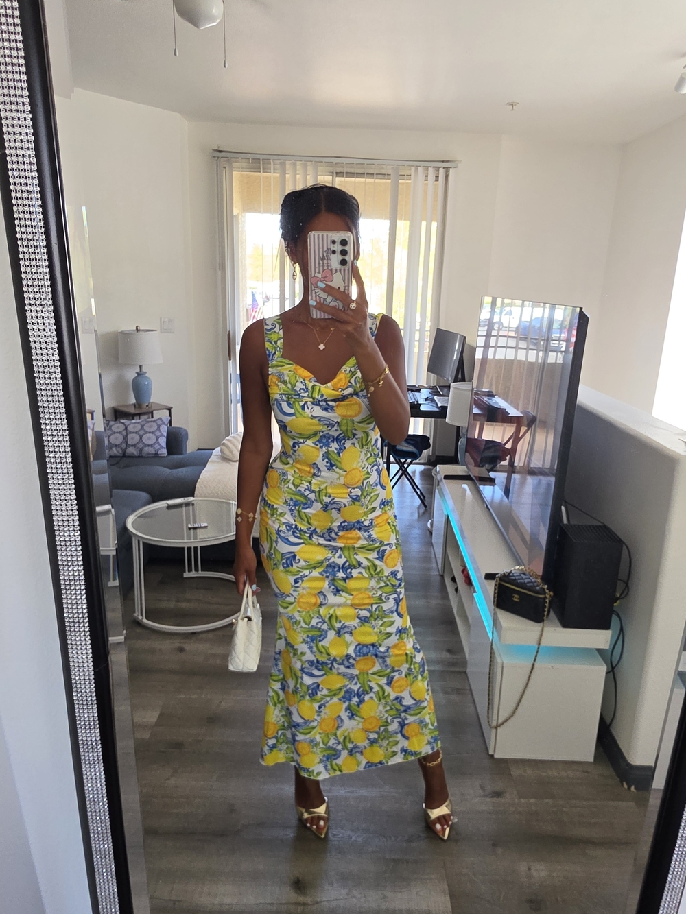 Lemon Print Sleeveless Maxi Dress - White/Yellow Very Stretchy - Picture 12 of 17